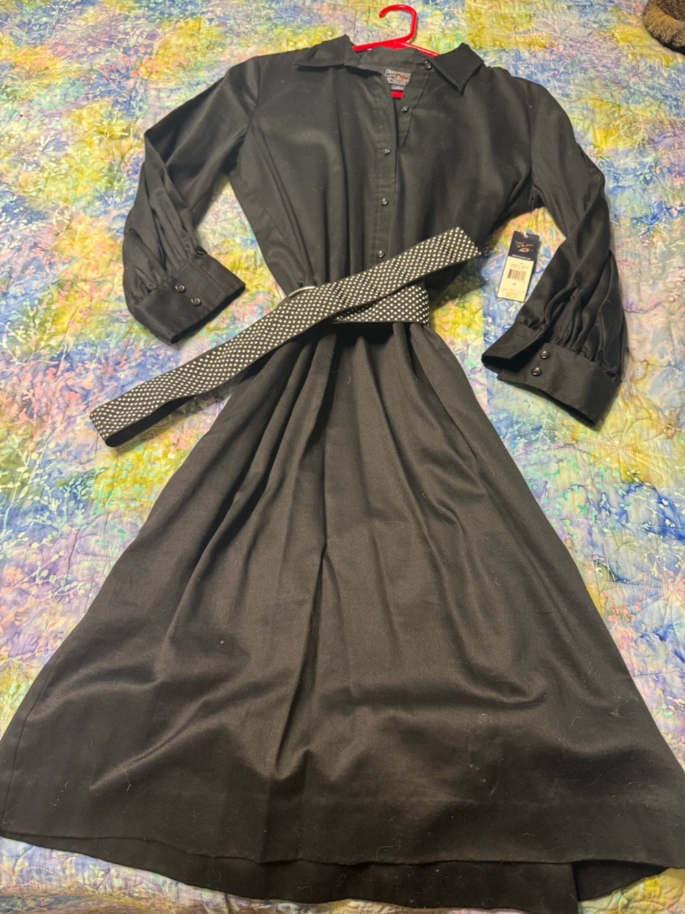 American Living Black Long Sleeve Dress with Polka Dot Belt
